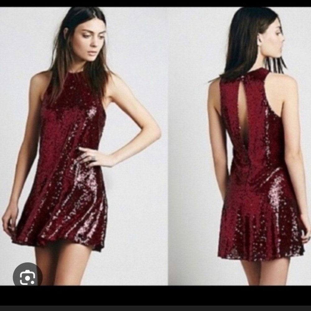 Free People Liquid Shine Red Sequin High Neck Open Back Mini Dress Burgundy